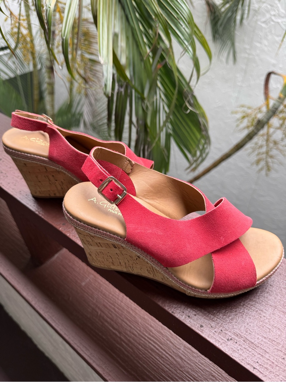 A. Giannetti Coral Dark Coral Suede Cork Wedge Sandals